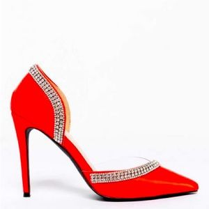 Azalea Wang Red Hot Chili Satin D’Orsay Rhinestone Stiletto Pump Heel
